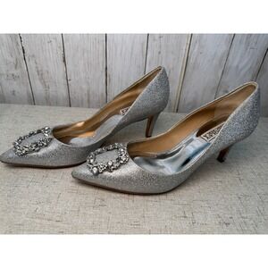 Badgley Mischka Silver Glitter Crystal Buckle Kitten Heel Size 7.5 Bridal Formal